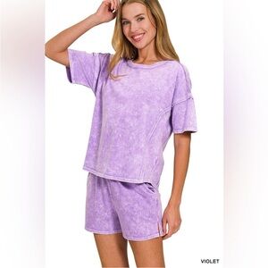 Zenana Outfitters Violet Washed Lounge Tee and Shorts Set